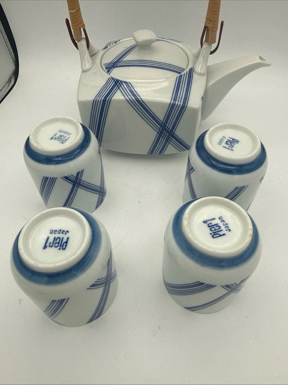 Blue & White Porcelain Teapot Set with Bamboo Handle - 5pc